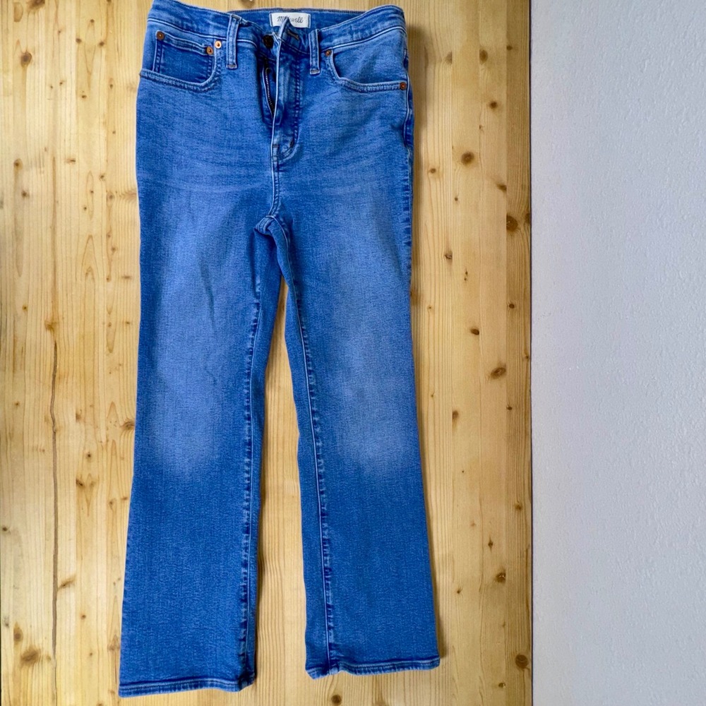 Madewell‎ Cali Demi Boot Jeans Size 27 High Rise Raw Hem Crop Flare Blue Denim